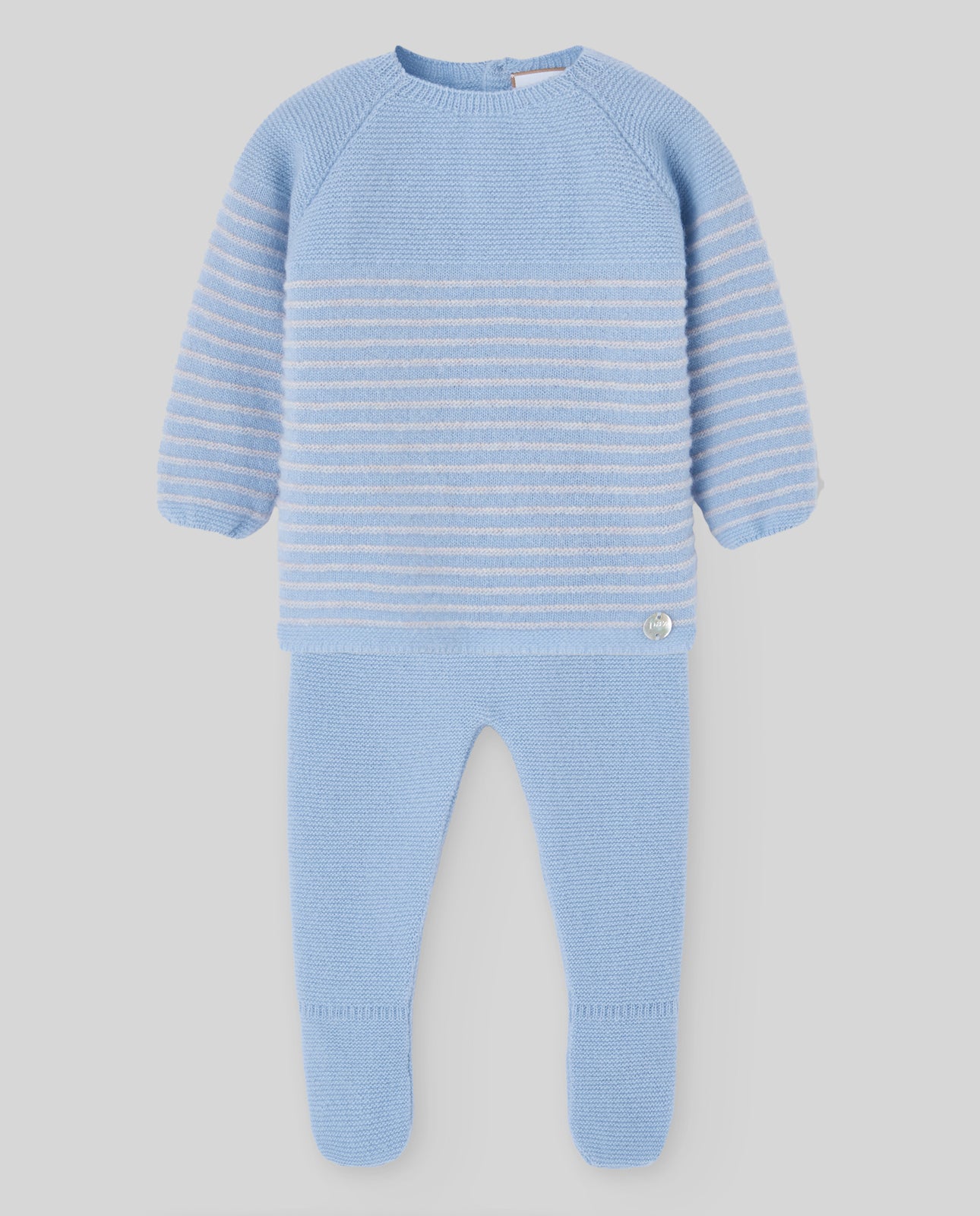Blue baby outfit with striped long-sleeve top and matching pants on a light gray background