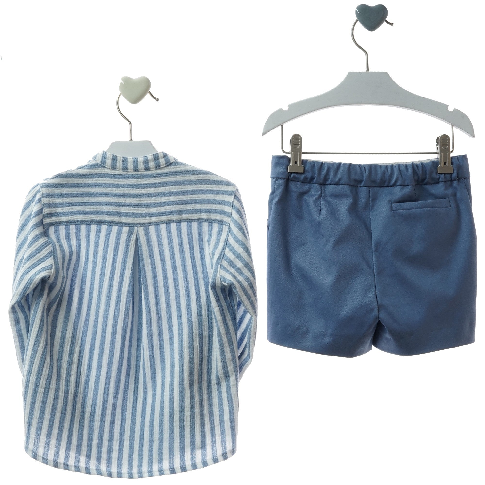 Blue striped shirt and shorts set on hangers with 'maria e paula' branding.