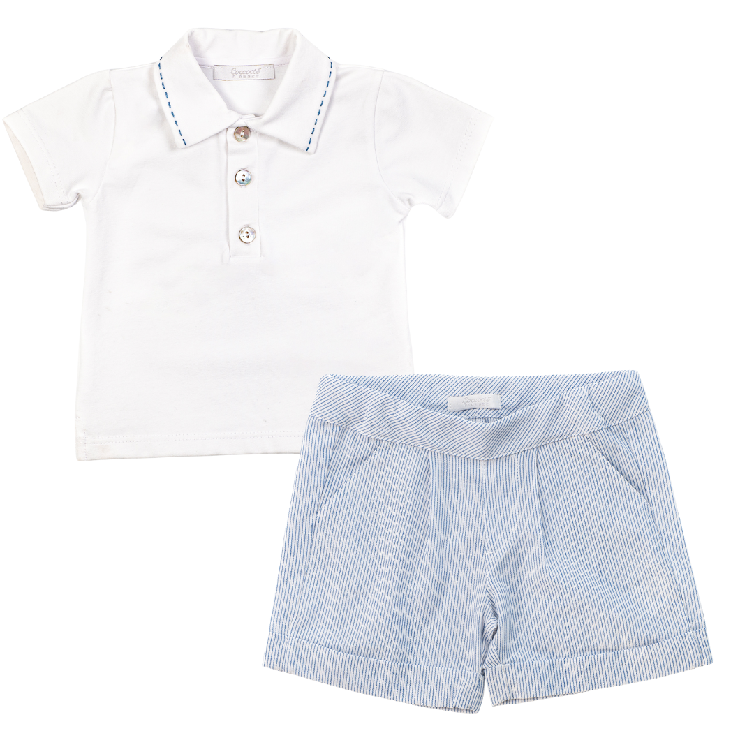 White polo shirt and blue checkered shorts set on a white background