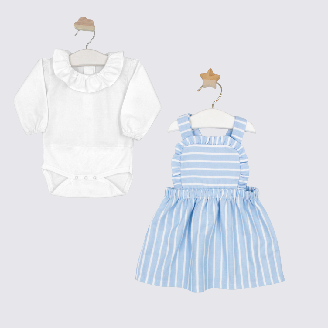 White baby romper with ruffled collar and blue striped dress on hangers against a light gray background