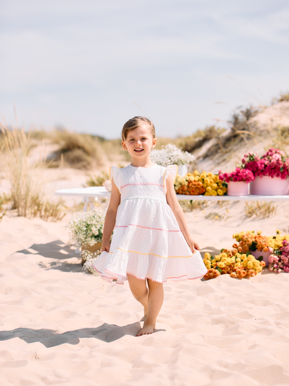 White Dress with Multicolor Trims