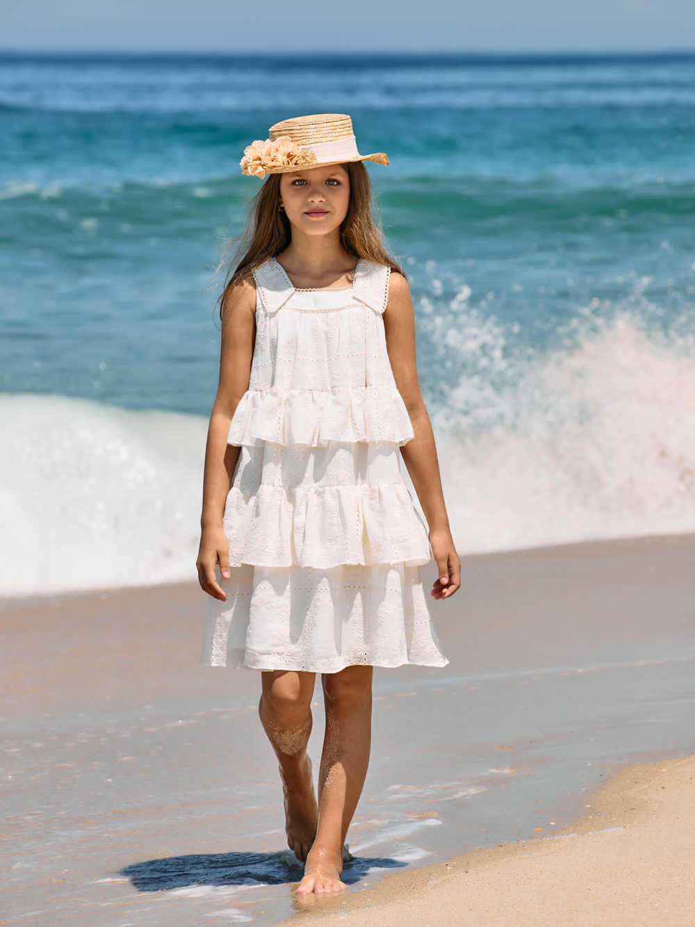 Beige Dress in Embroidered Voile