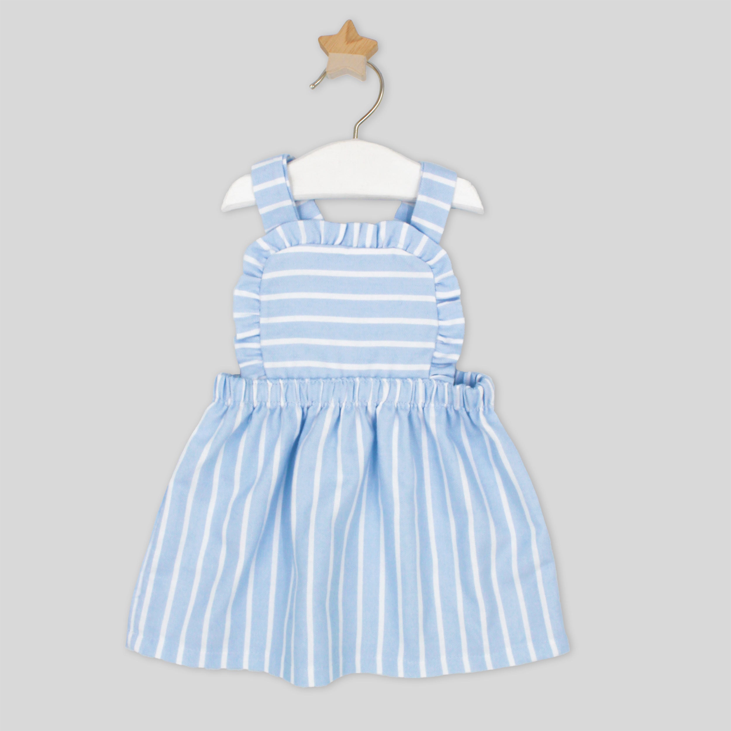 Blue and white striped dress on a hanger against a gray background