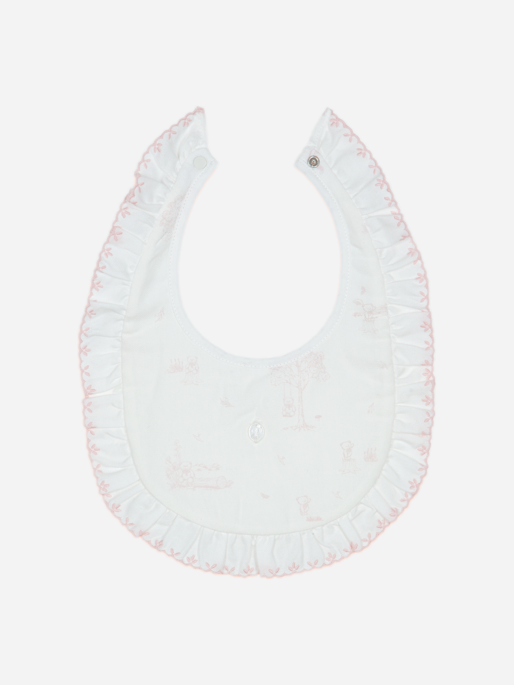 White bib with pink trim on a white background