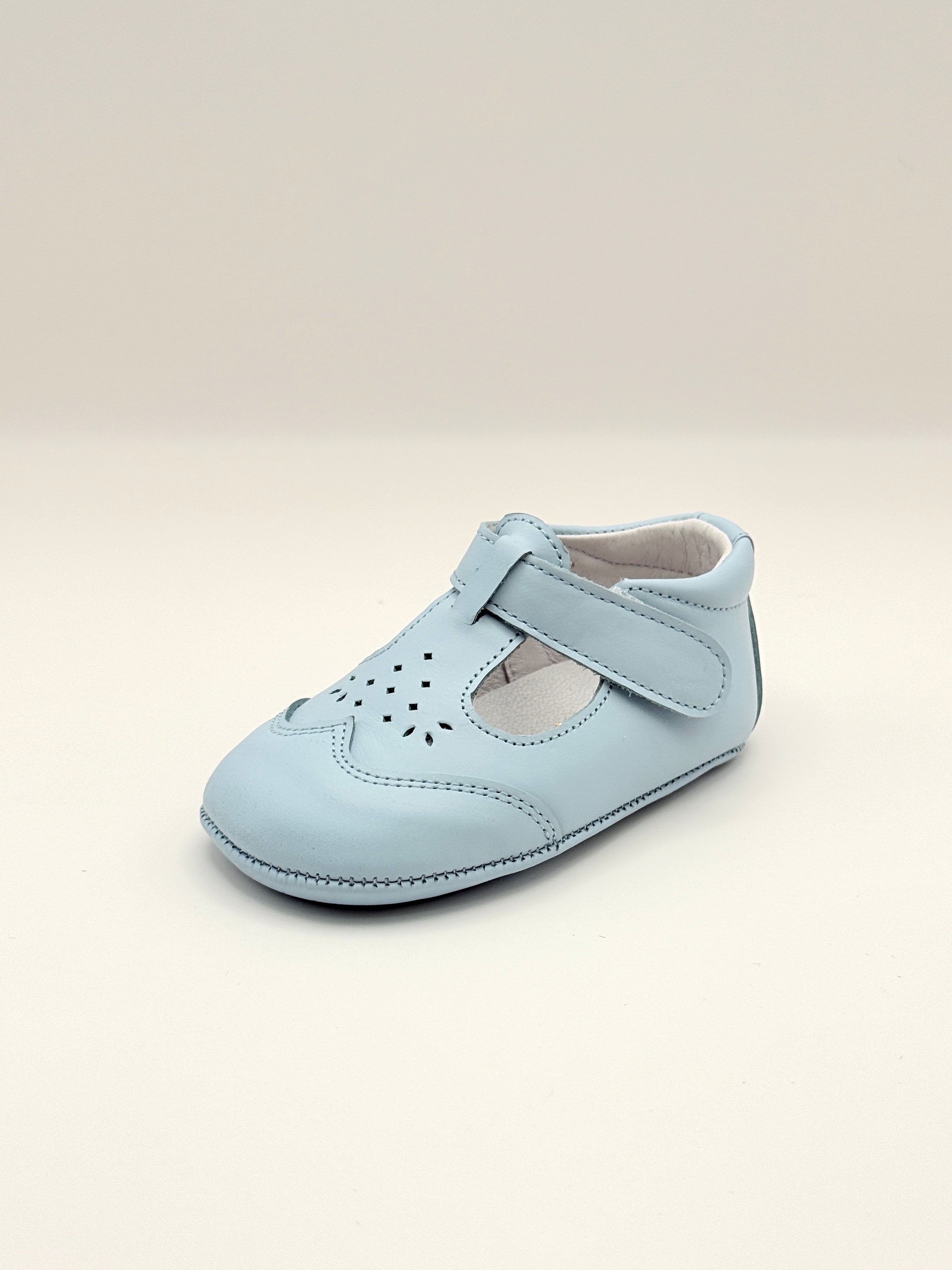 Crib Shoe T-Strap Stone Baby Blue