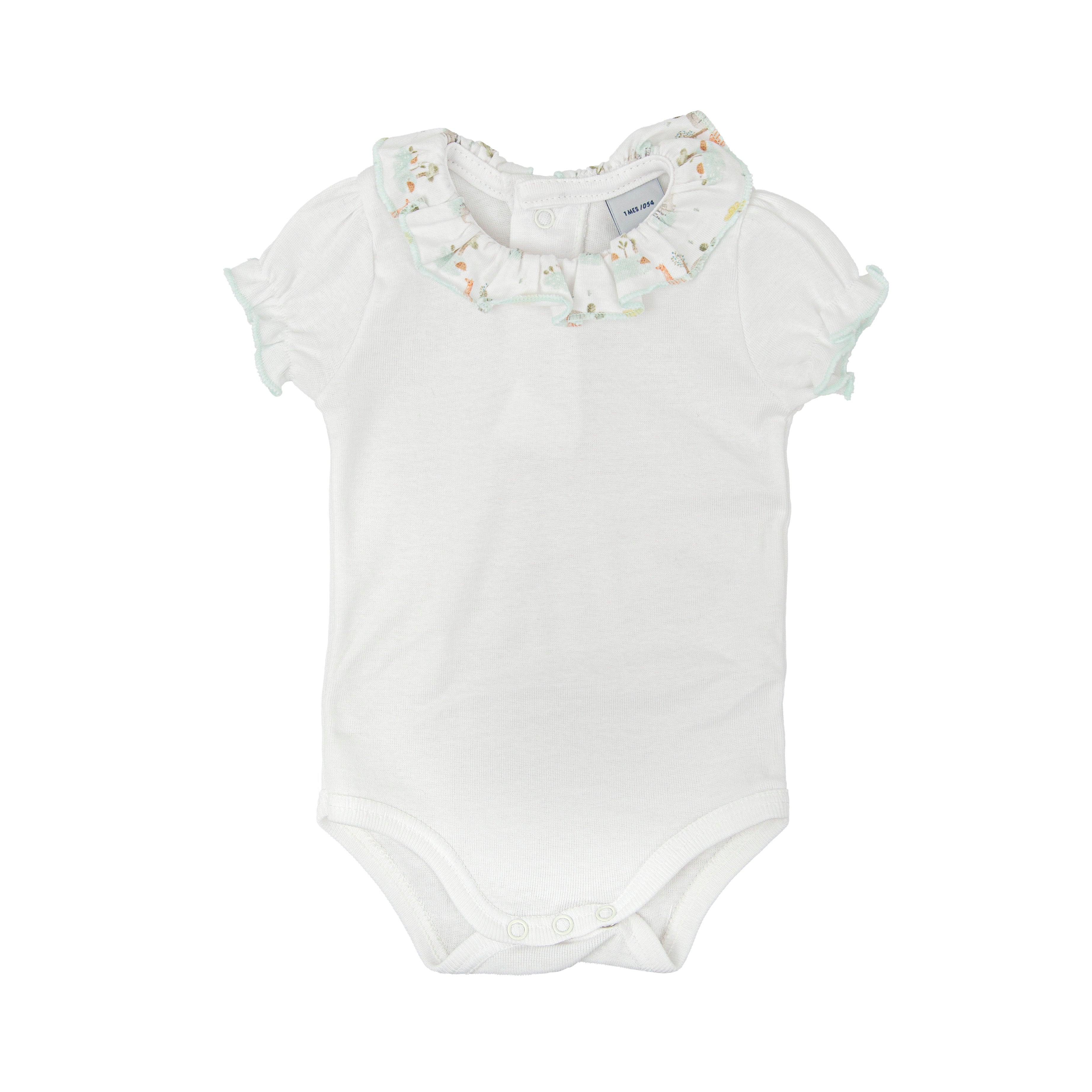 White baby bodysuit with floral collar on a white background