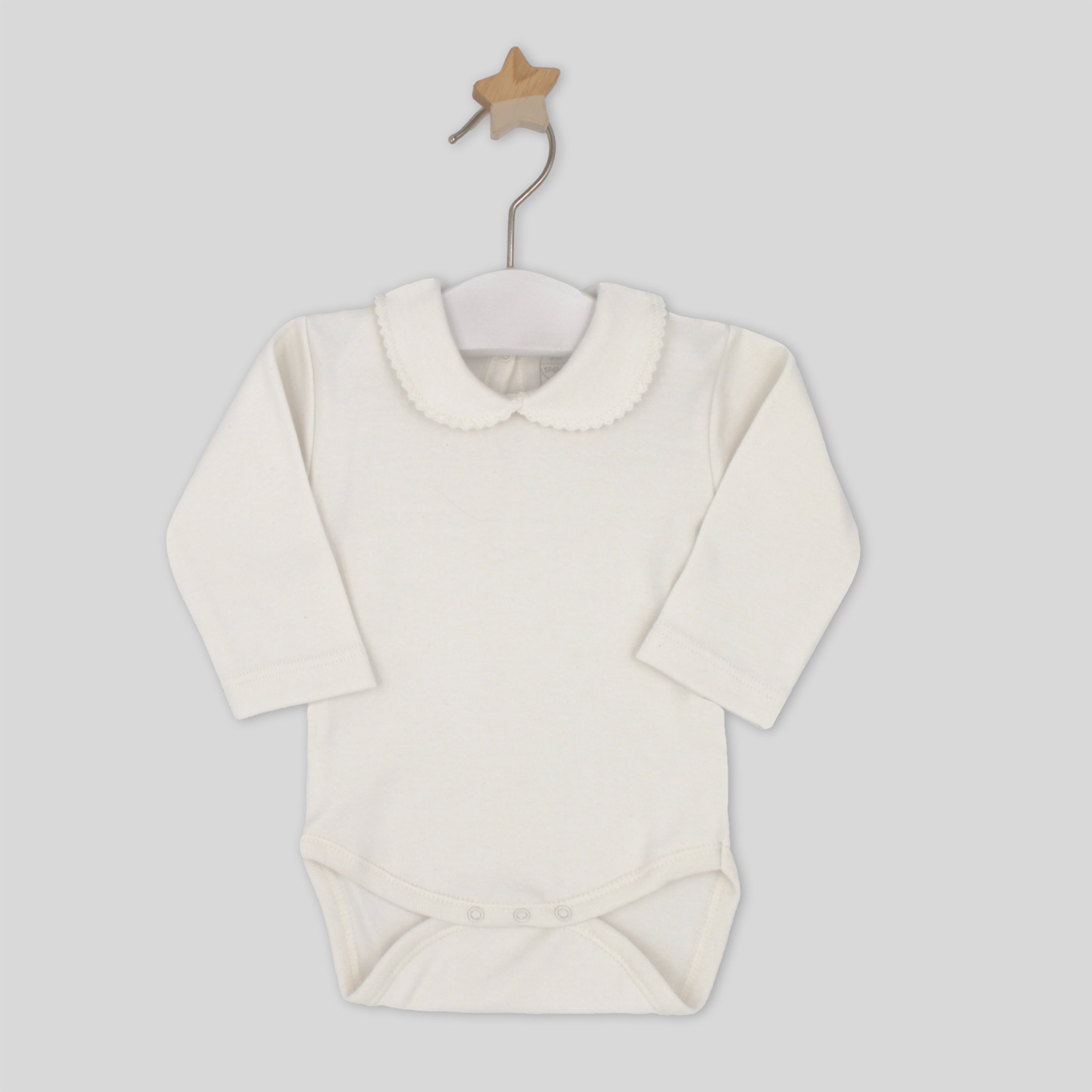 White baby bodysuit with a collar on a gray background