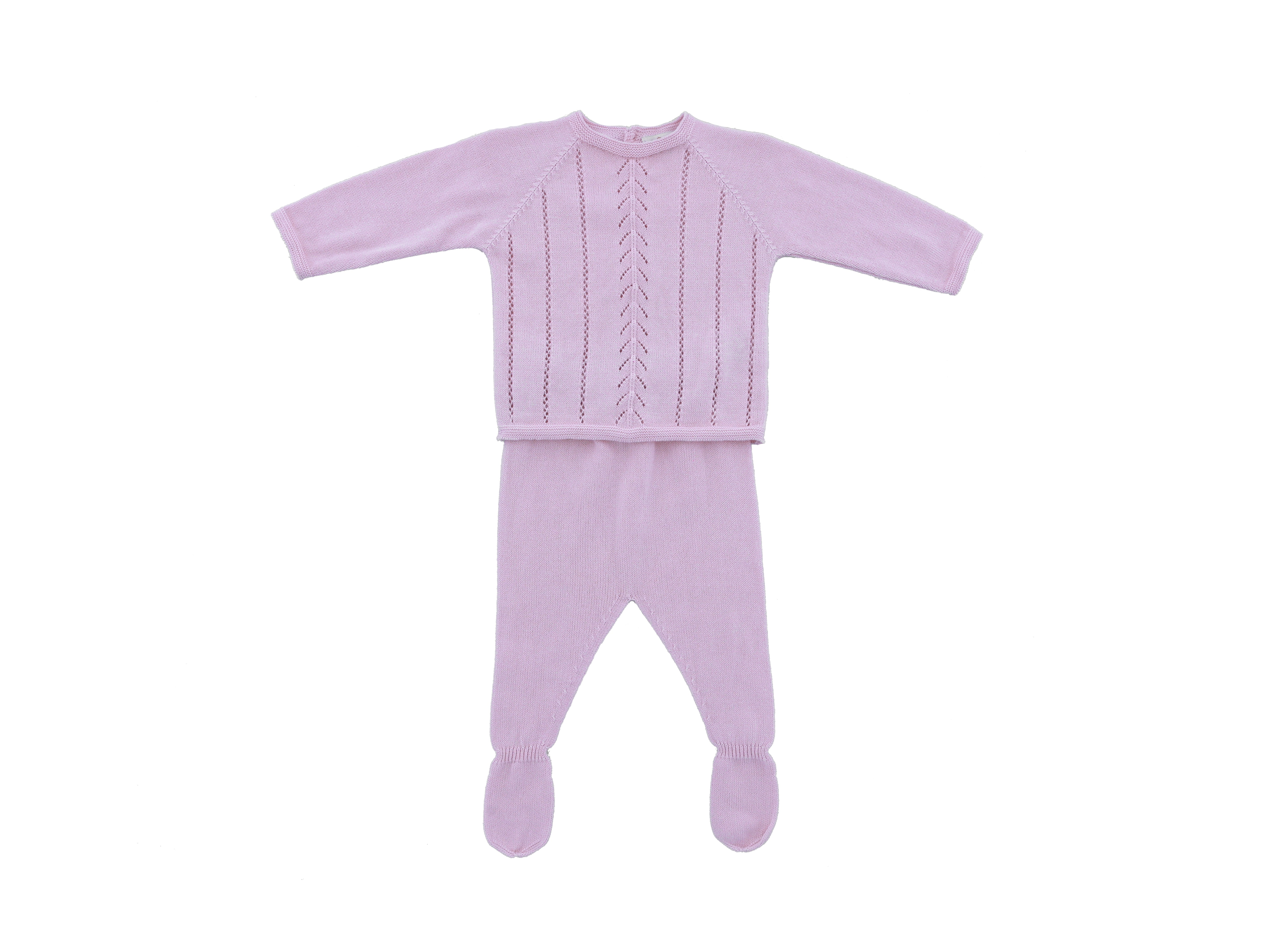 Dusty Pink baby outfit with a cable knit pattern on a white background