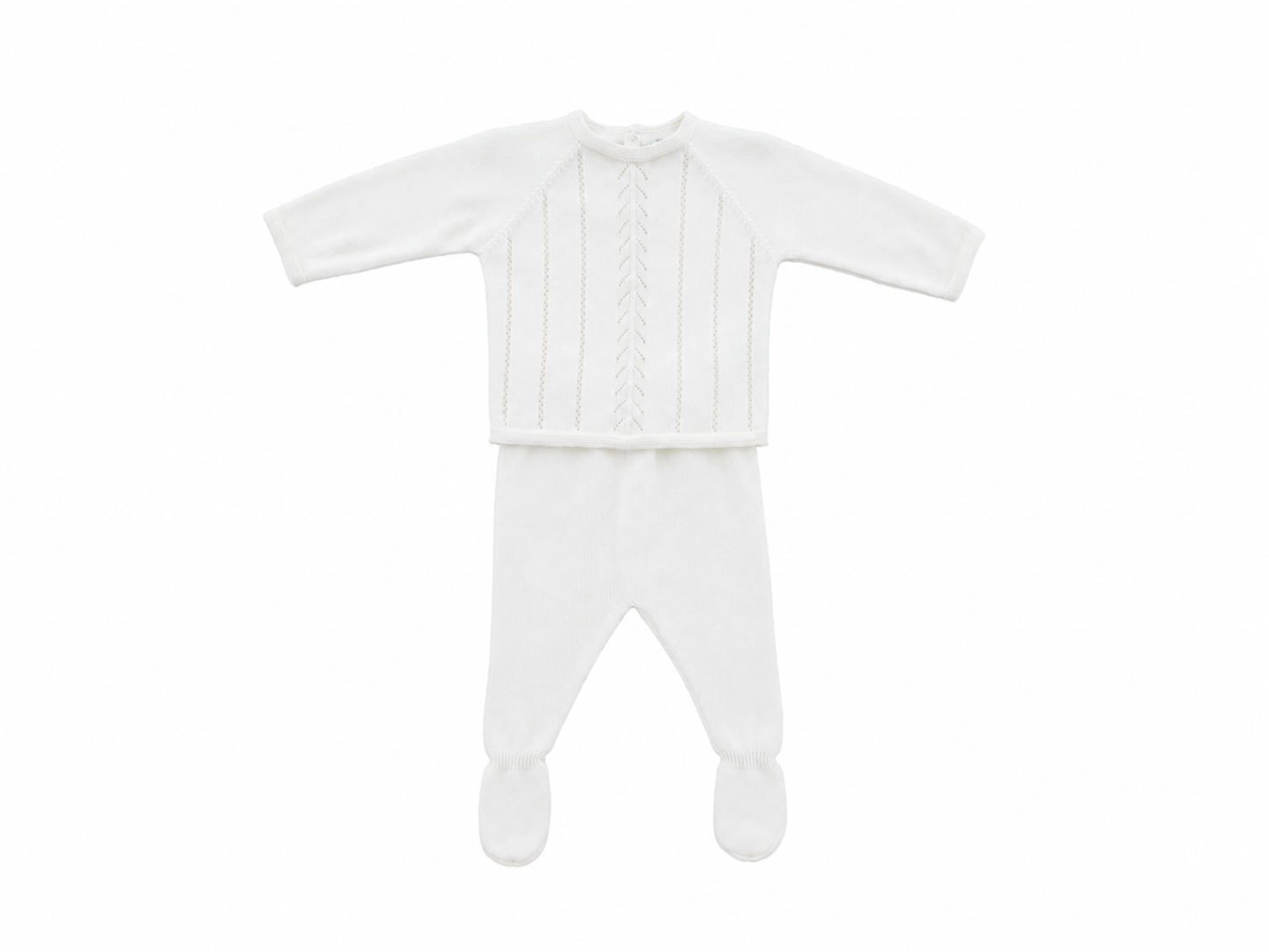 White baby outfit with a jacket and footed pants on a white background