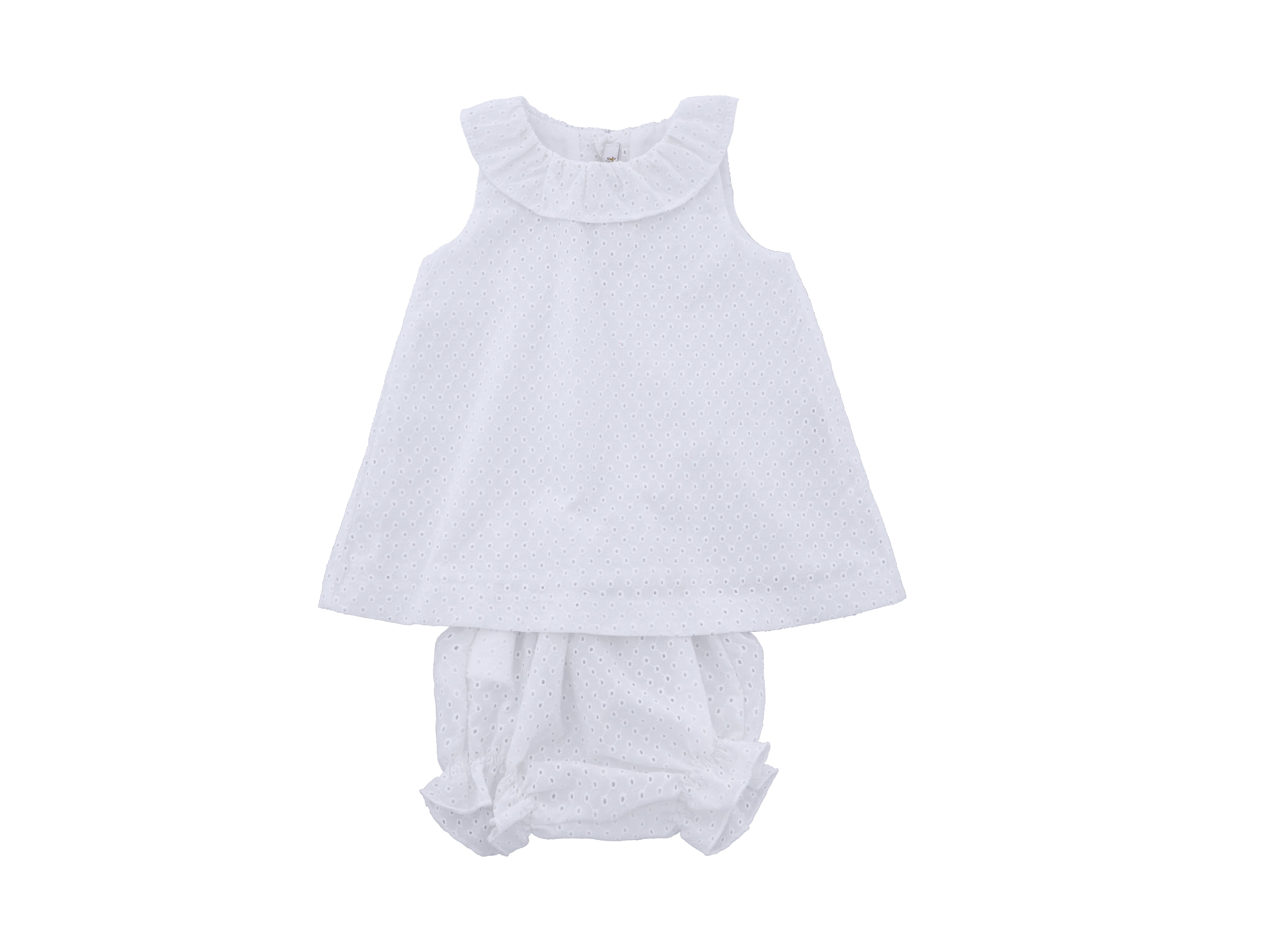 White baby dress and bloomers set on a white background