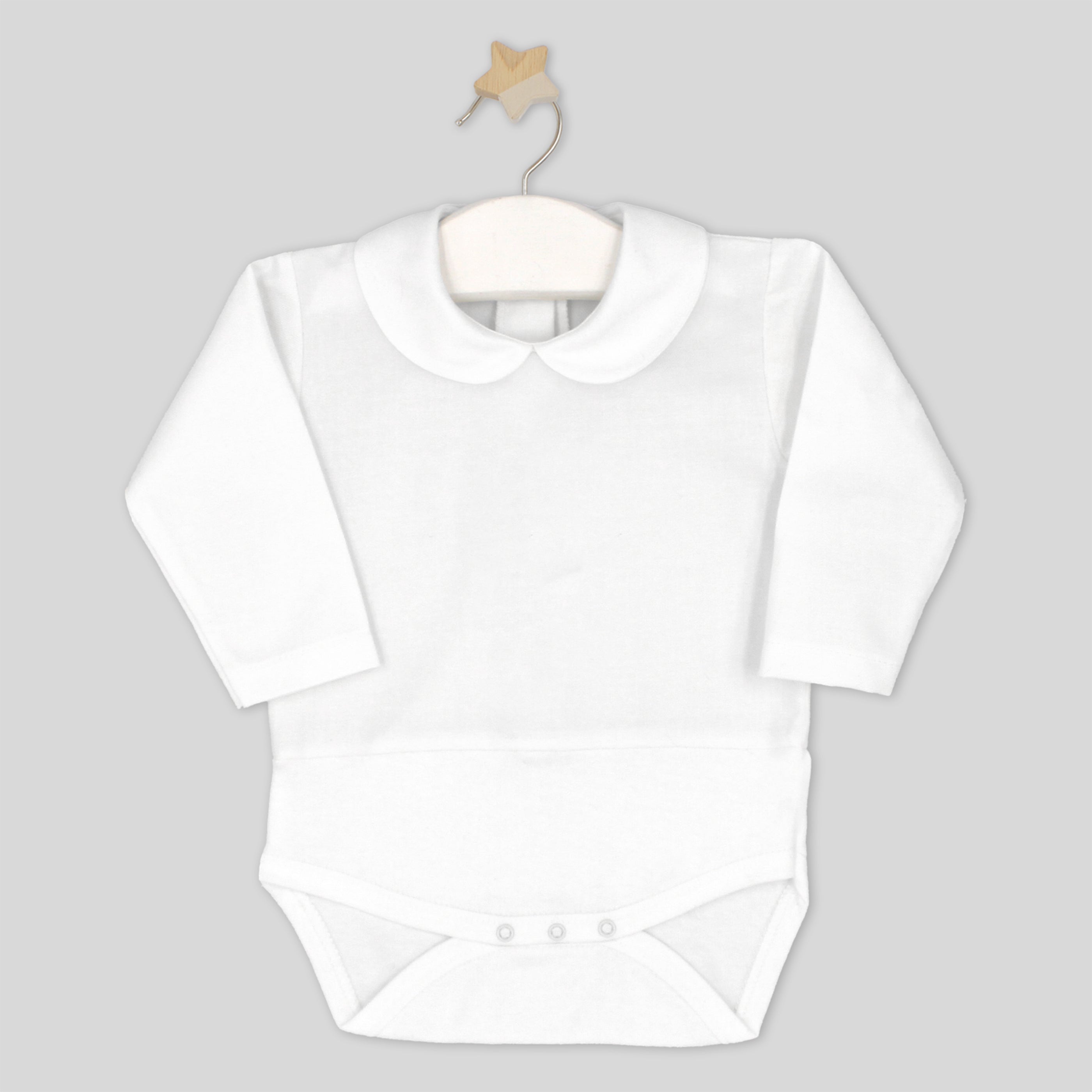 White baby bodysuit with Peter Pan collar on a gray background