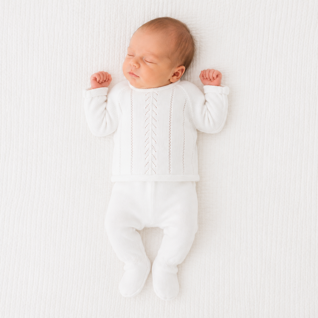 Newborn baby in a white onesie lying on a white textured surface
