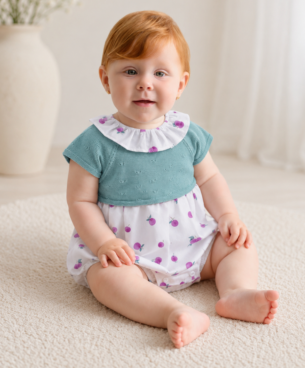 Baby sitting on a white surface wearing a blue top and white diaper with purple polka dots.
