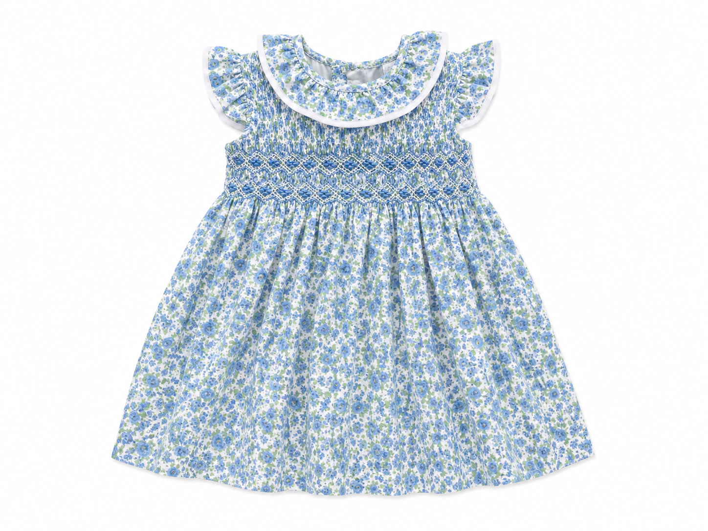 Blue floral dress with white collar on a white background