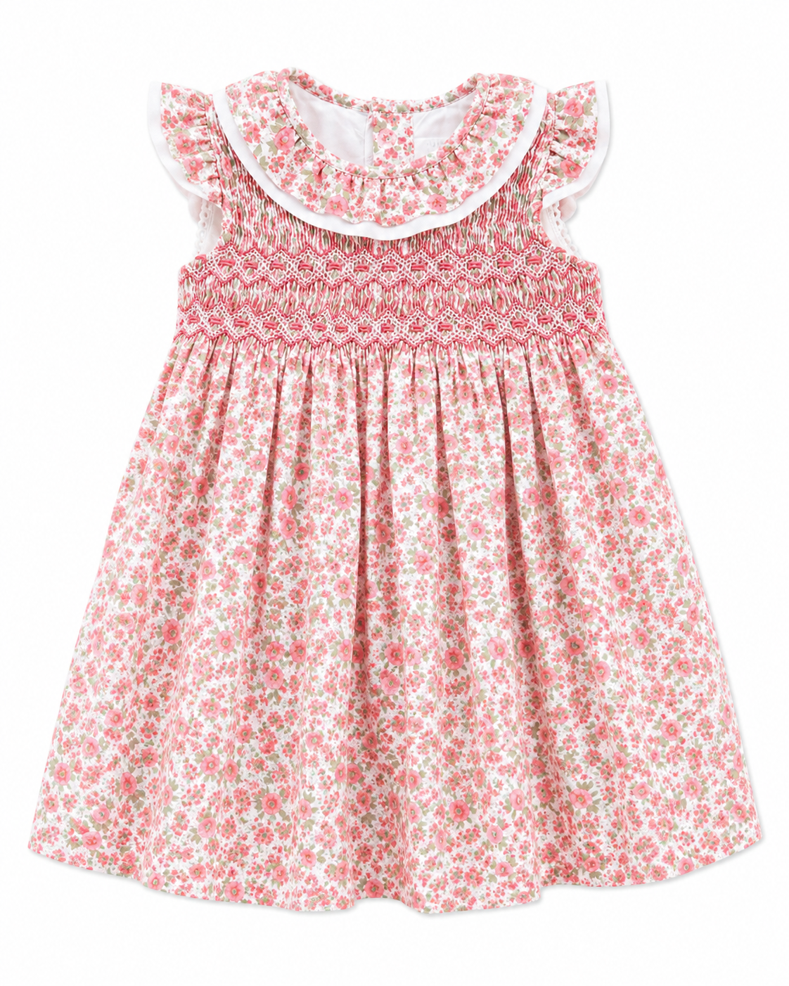 Floral dress with ruffled collar on a white background