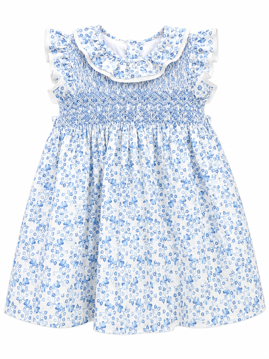 Blue floral dress with white ruffled collar on a white background