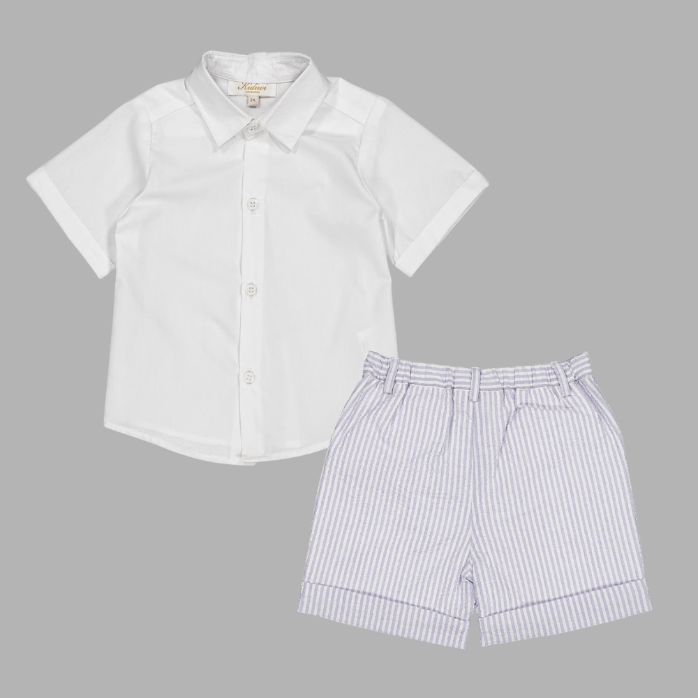 White shirt and striped shorts on a gray background