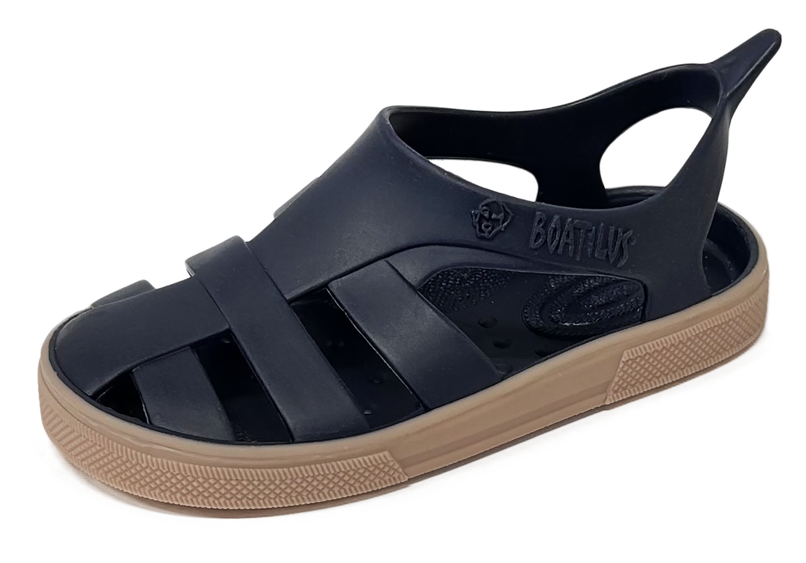 Navy sandal with brown sole on a white background