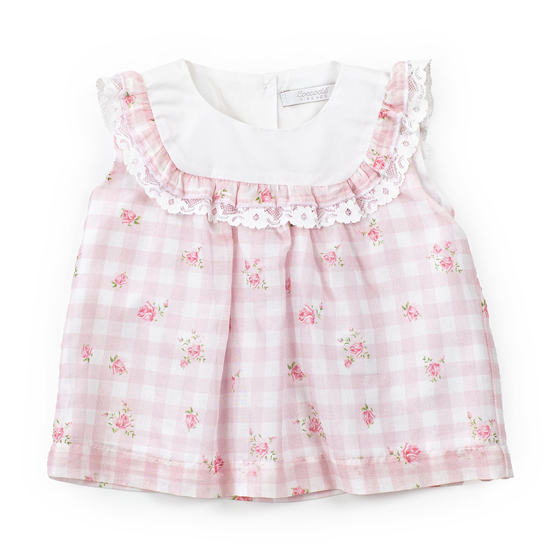 Pink checkered dress with floral patterns on a white background