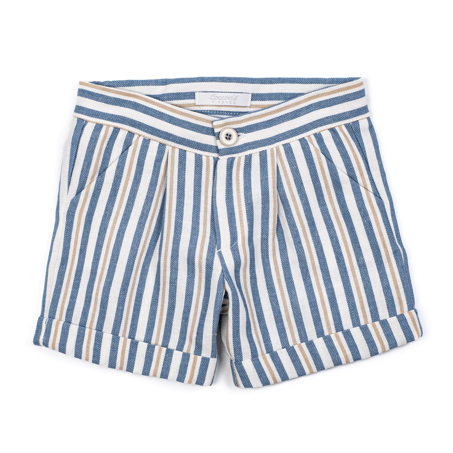 Blue and white striped shorts on a white background