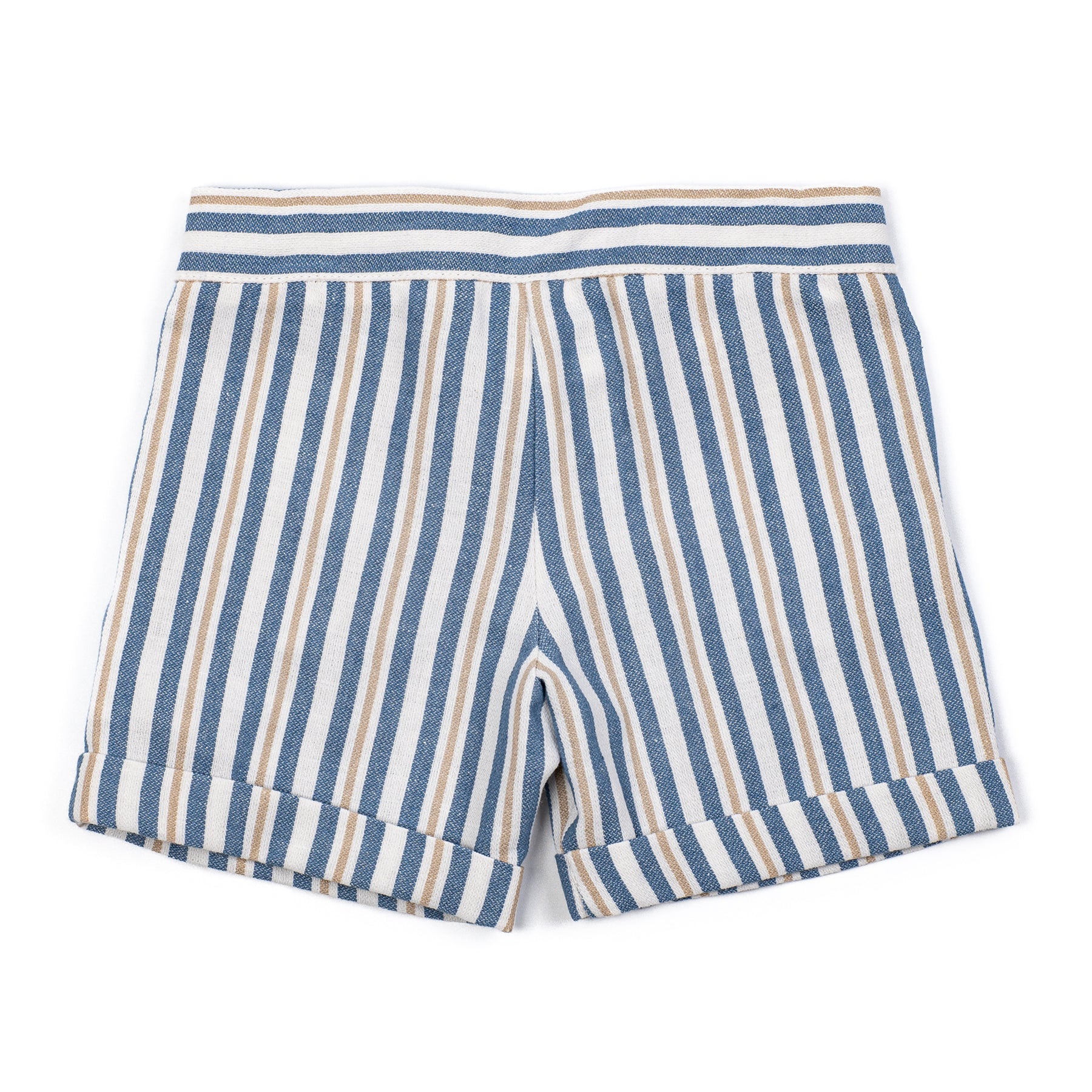 Blue and beige striped shorts on a white background