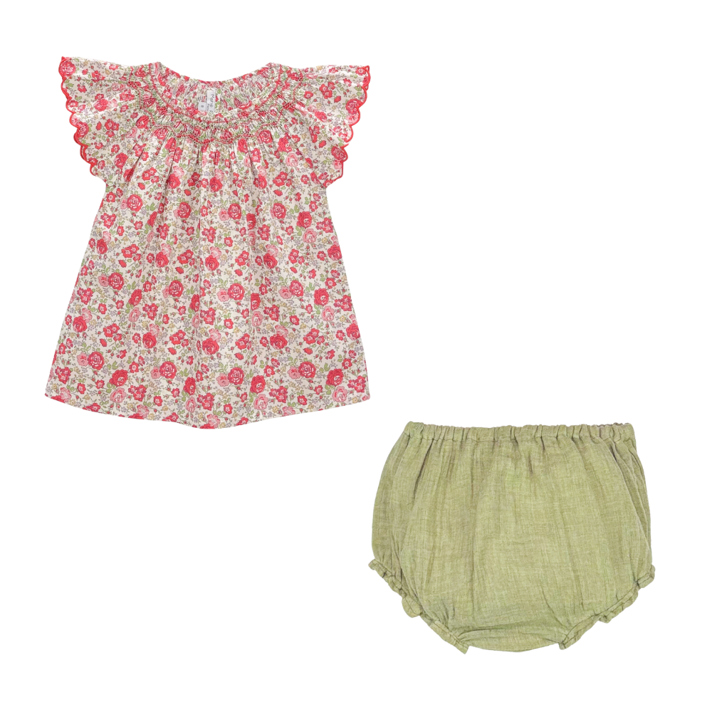 Floral top and green bloomers set on a white background