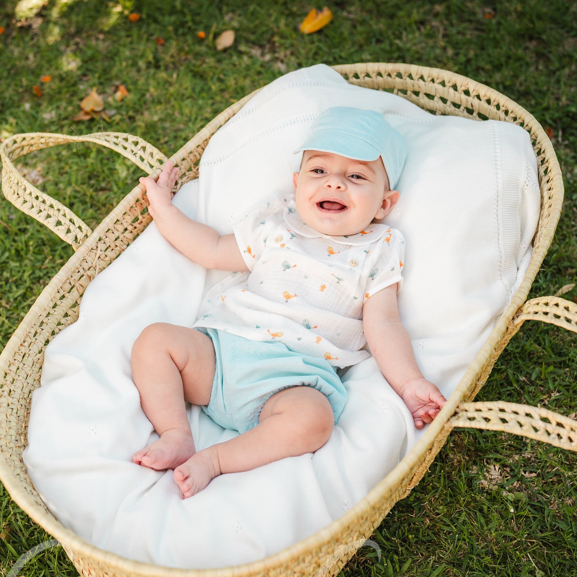 Baby in a Moses basket on grass with 'Granlei' branding.