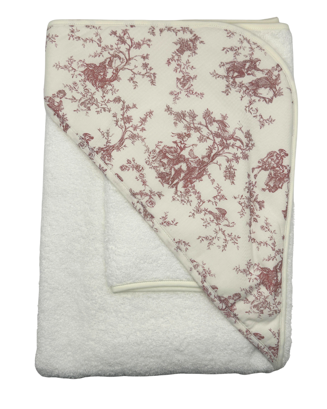 Folded towel with red floral pattern on a white background