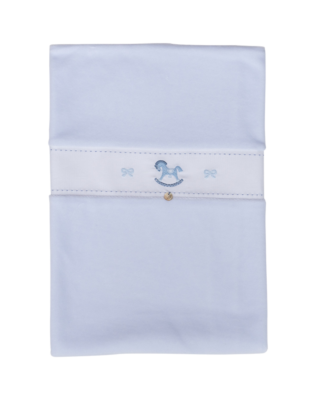 Light blue baby blanket with embroidered designs on a white background