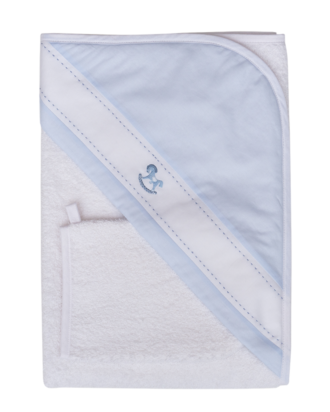 Baby towel with blue trim and anchor design on a white background