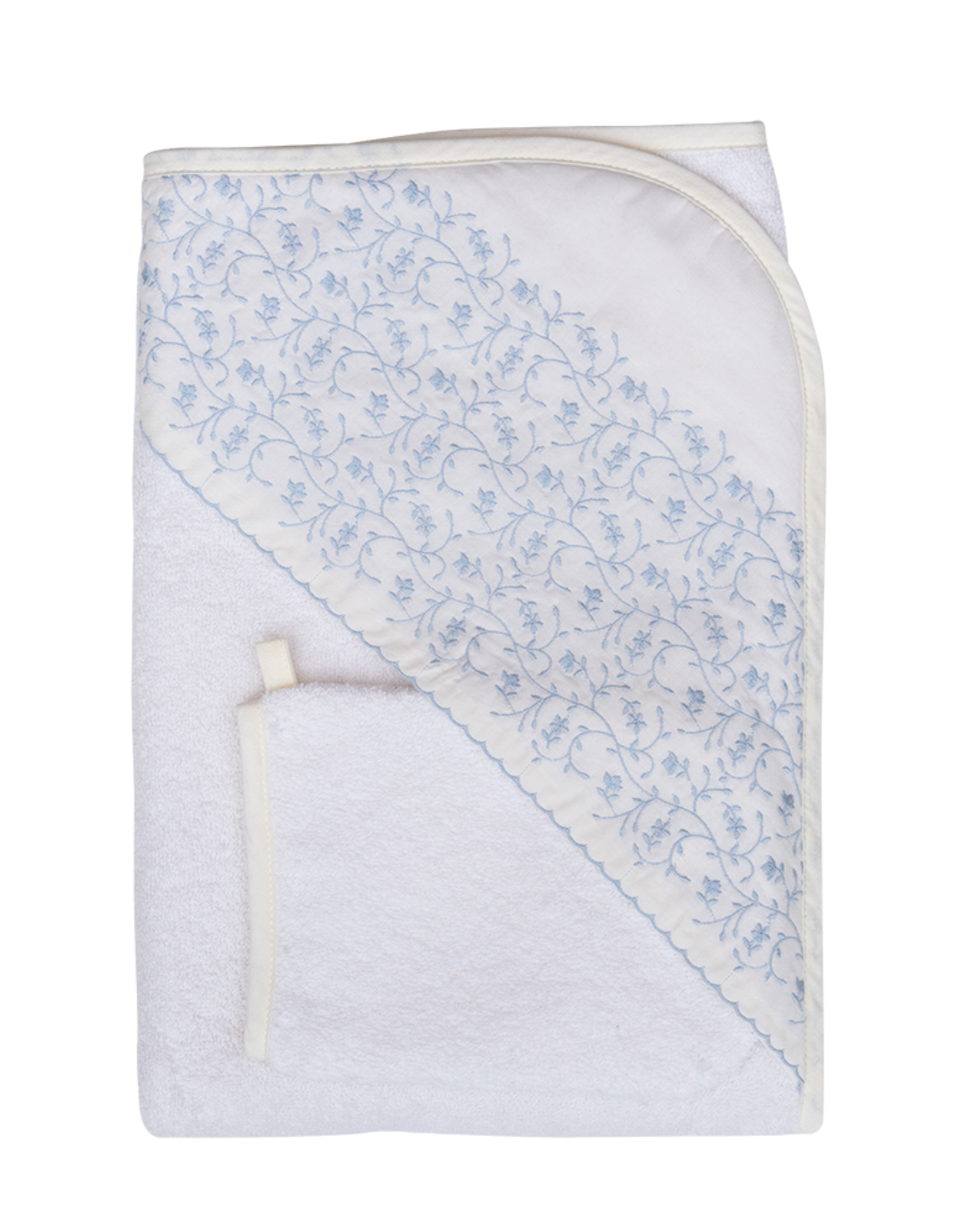 Baby towel with blue floral pattern on a white background