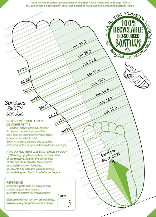 Foot measurement chart for children's shoes with green accents and text.