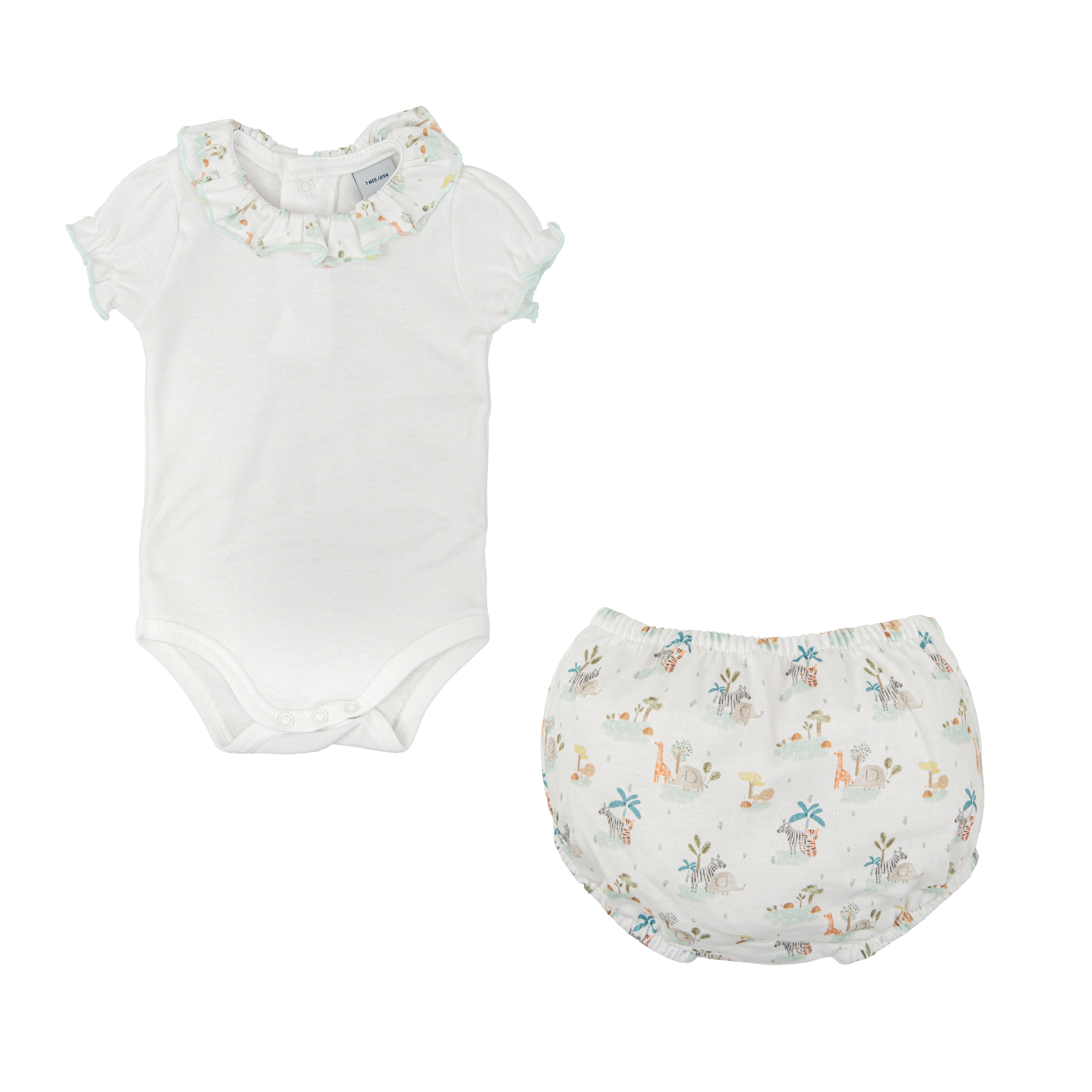 Baby bodysuit and diaper set with animal print on a white background