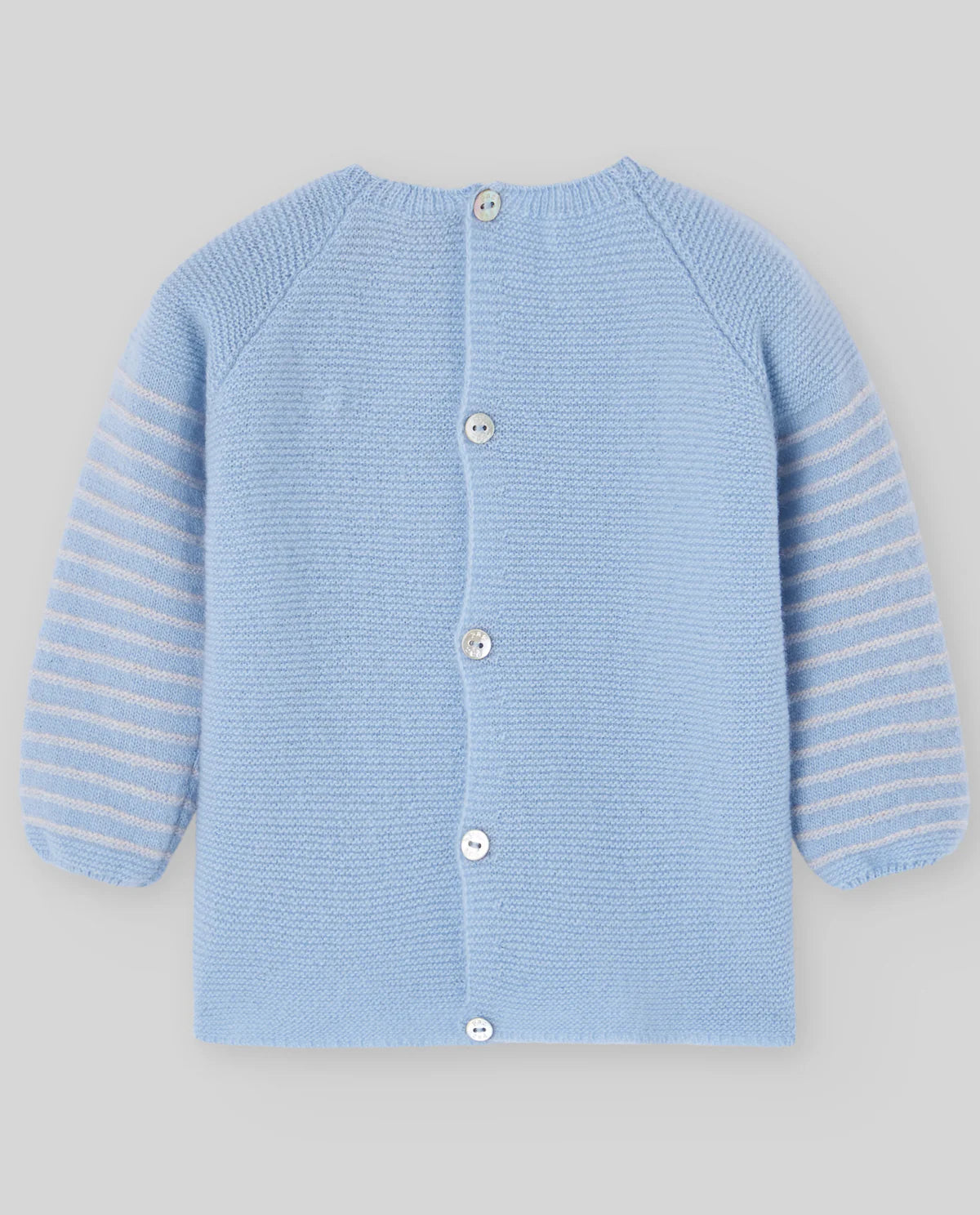 Light blue knitted cardigan with button details on a gray background