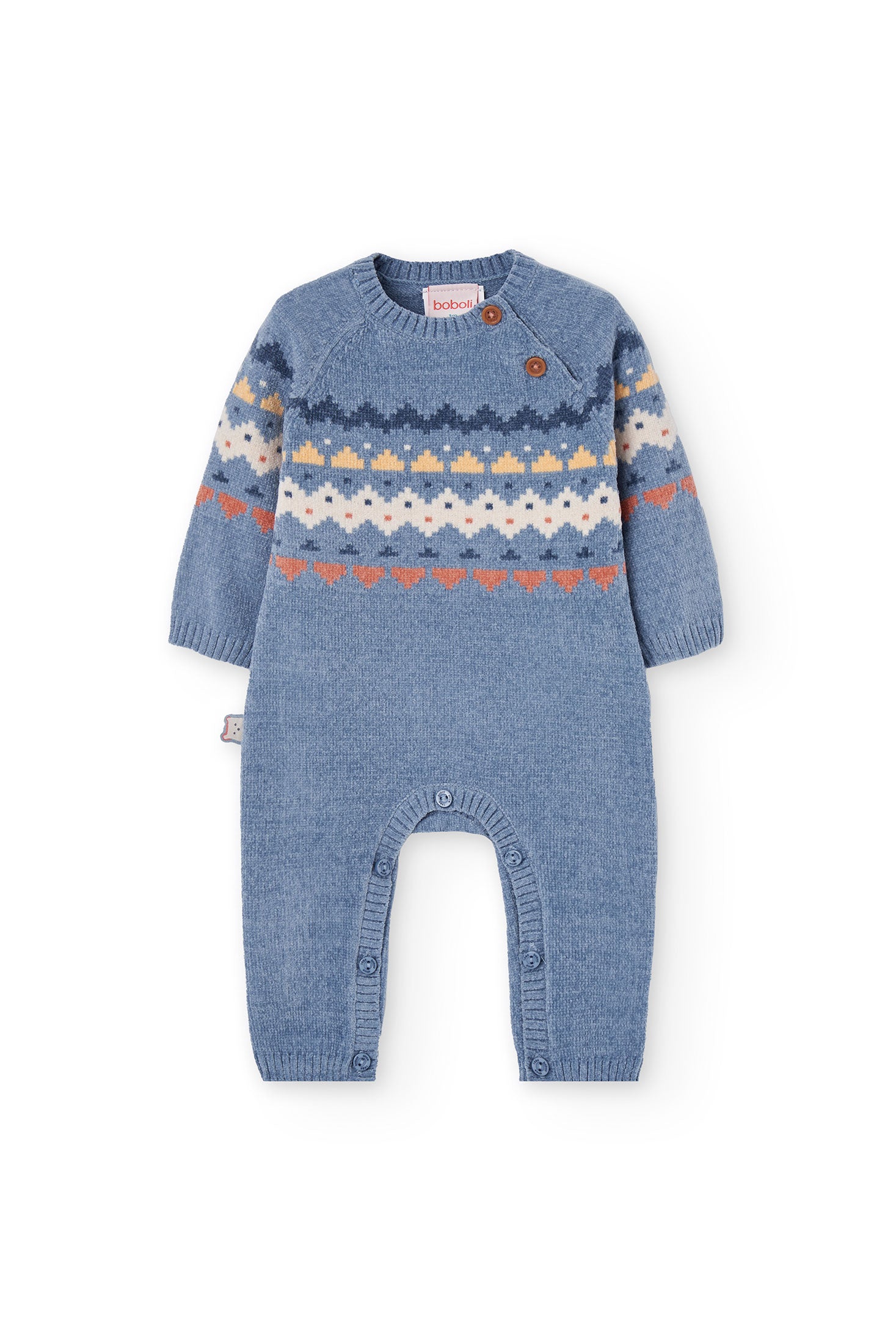 Blue knitted baby romper with pattern on a white background