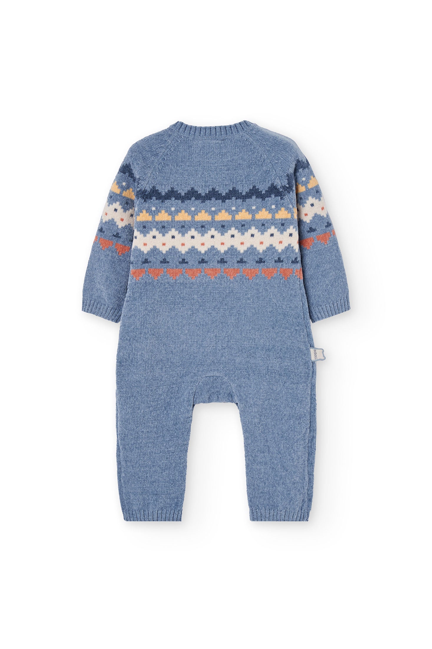 Blue knitted baby romper with a pattern on a white background
