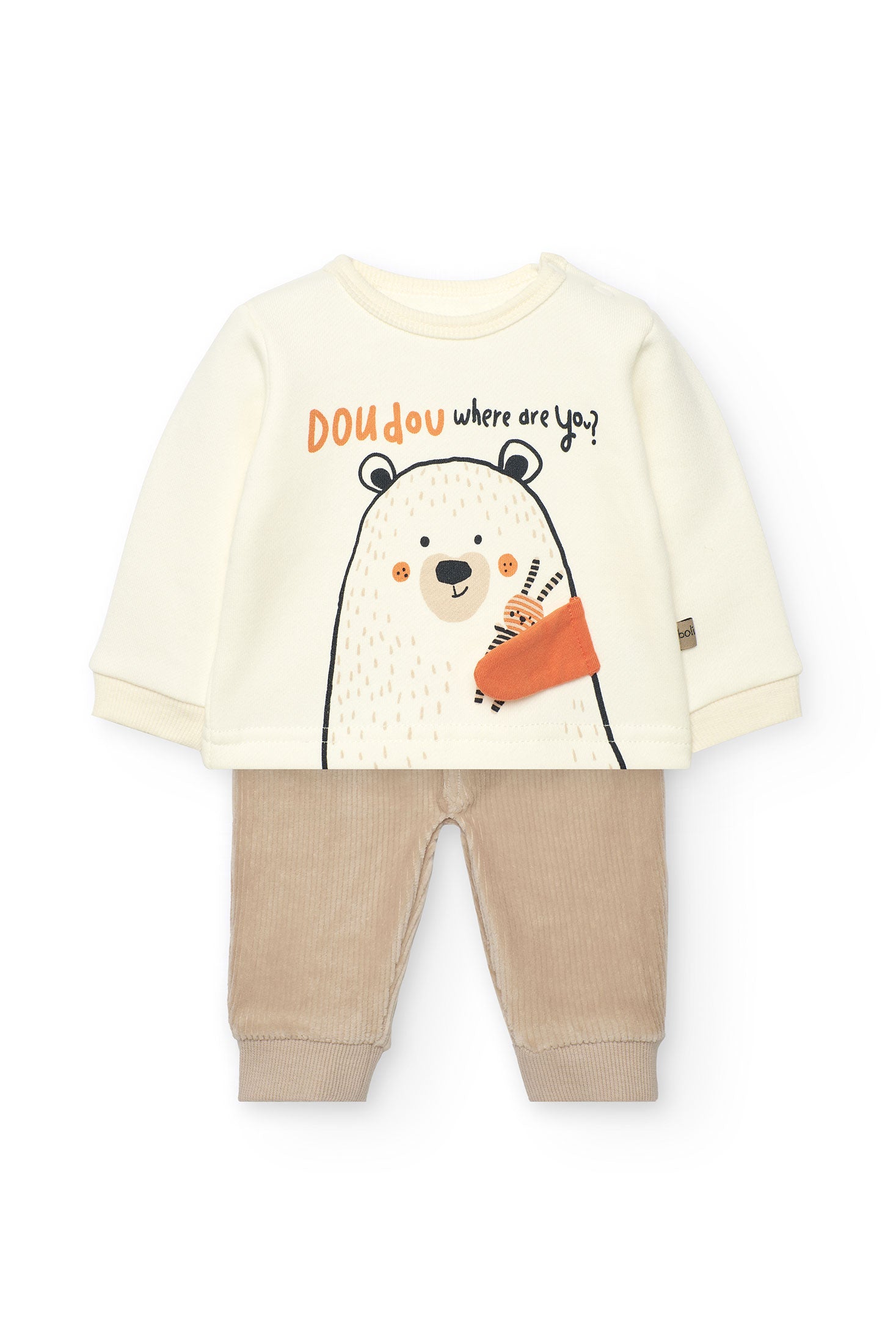 Baby outfit with cream top and beige pants featuring a bear design on a white background