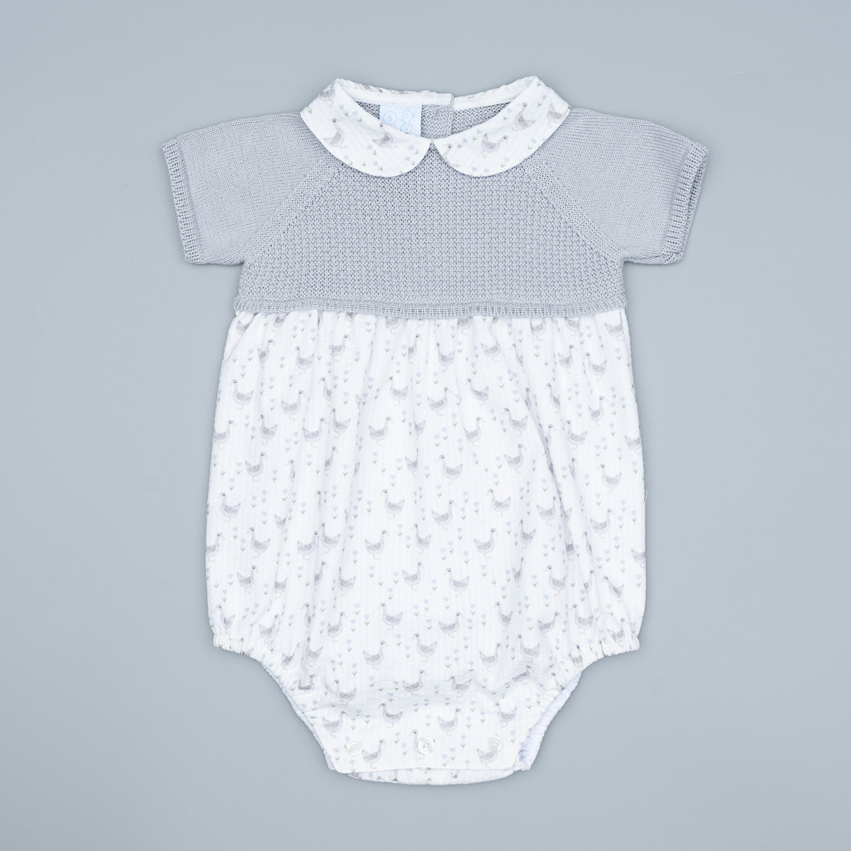 Baby romper with duck pattern on a gray background