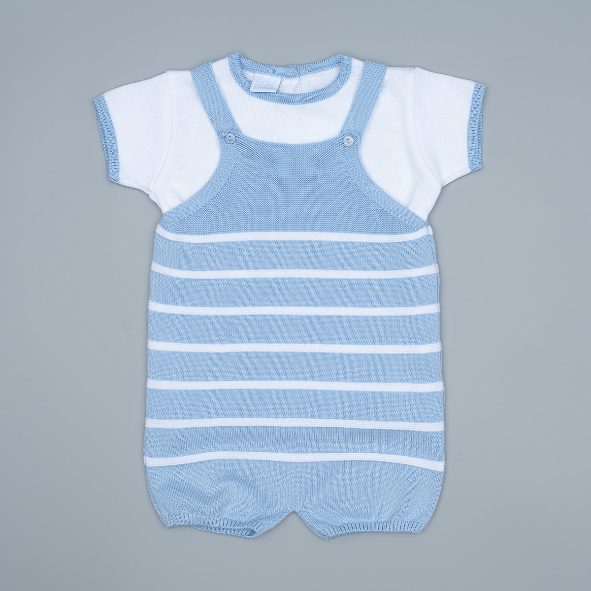 Blue and white striped baby romper on a gray background