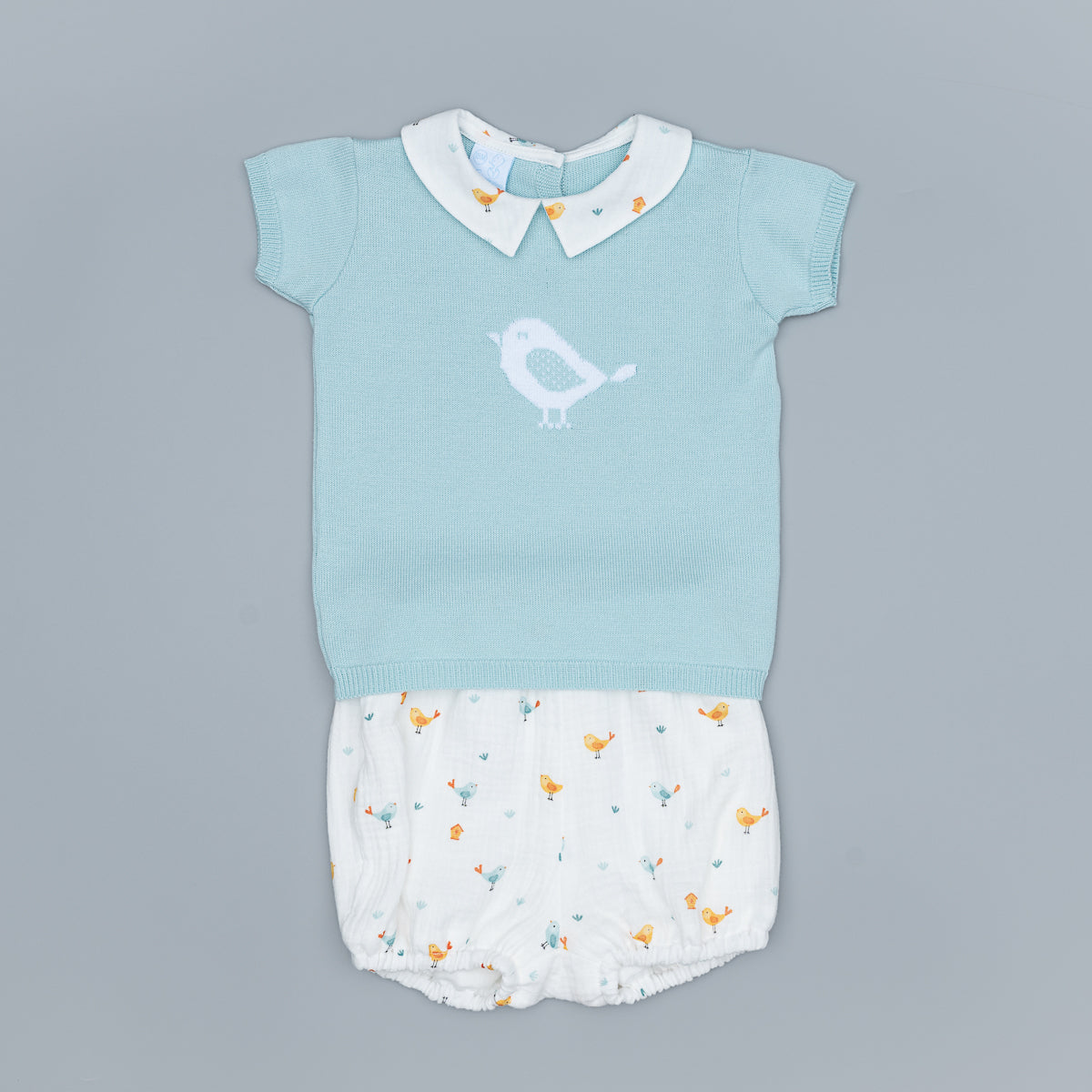Baby outfit with light mint top and white diaper cover with birdies.