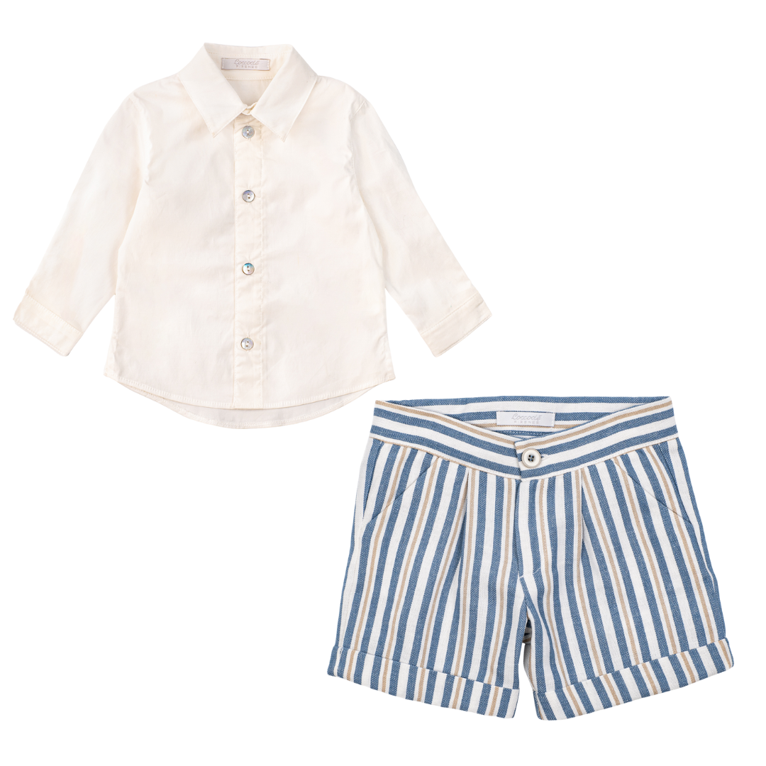 White shirt and blue striped shorts on a white background