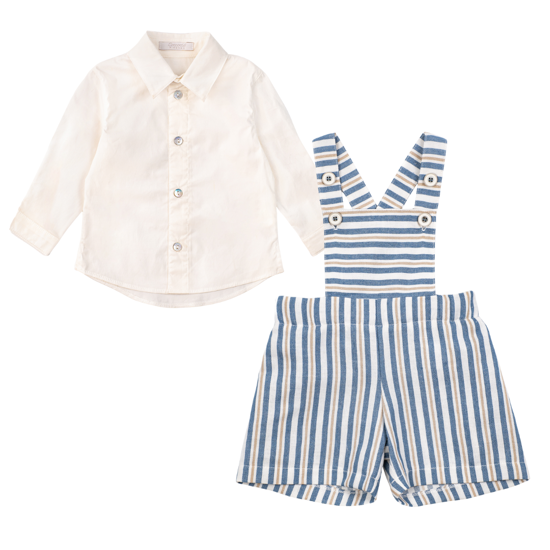 Children's outfit with white shirt and blue striped overalls on a white background
