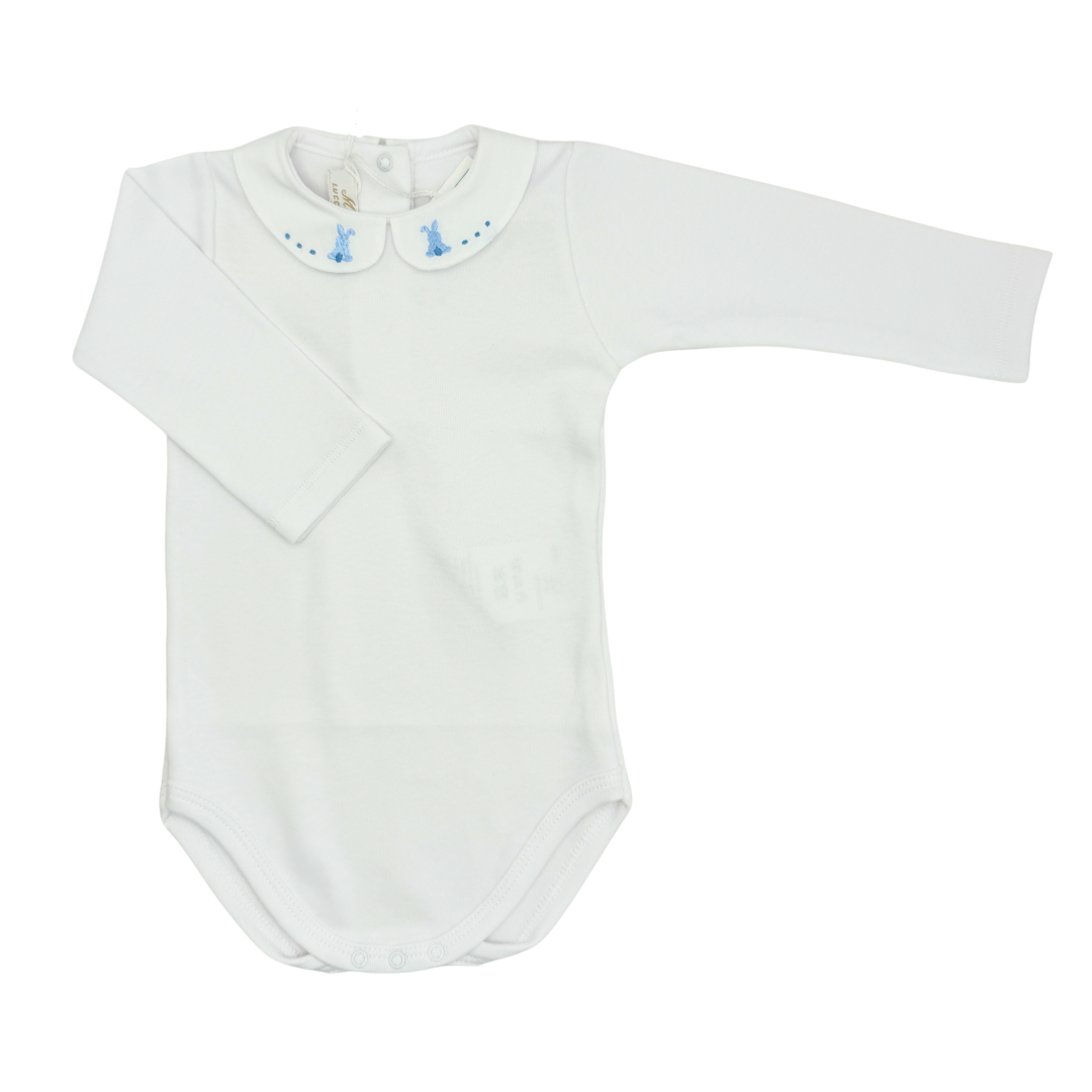 White baby bodysuit with a collar on a white background