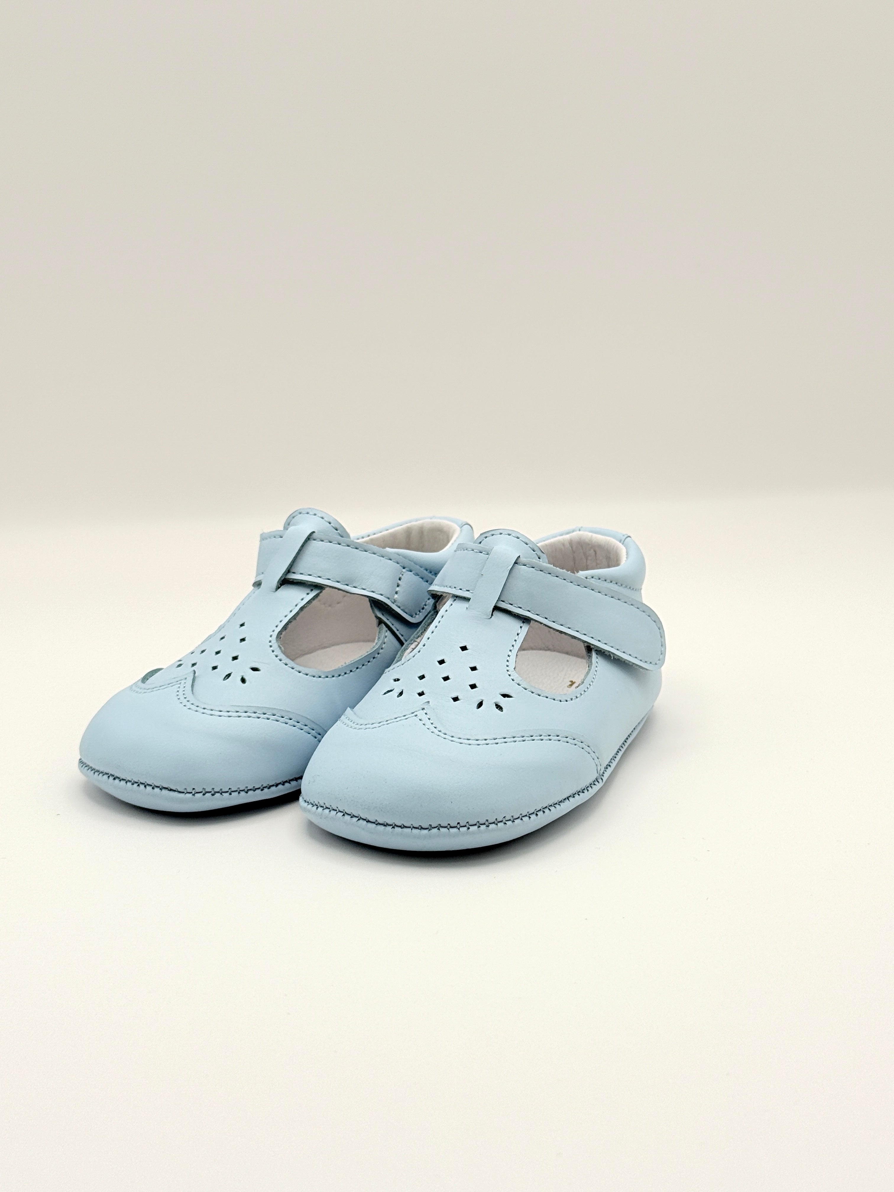 Crib Shoe T-Strap Stone Baby Blue