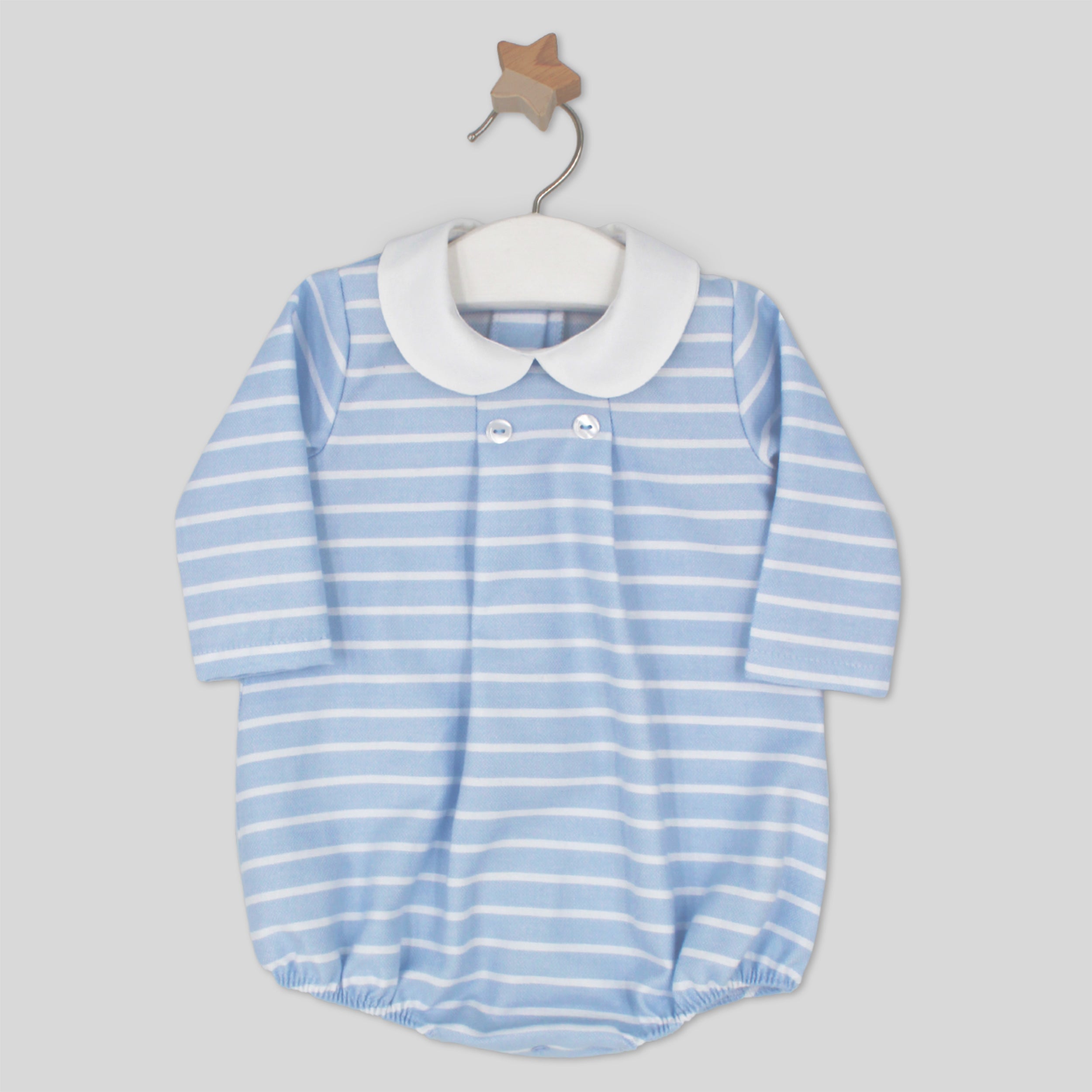 Blue and white striped baby romper on a hanger against a light gray background