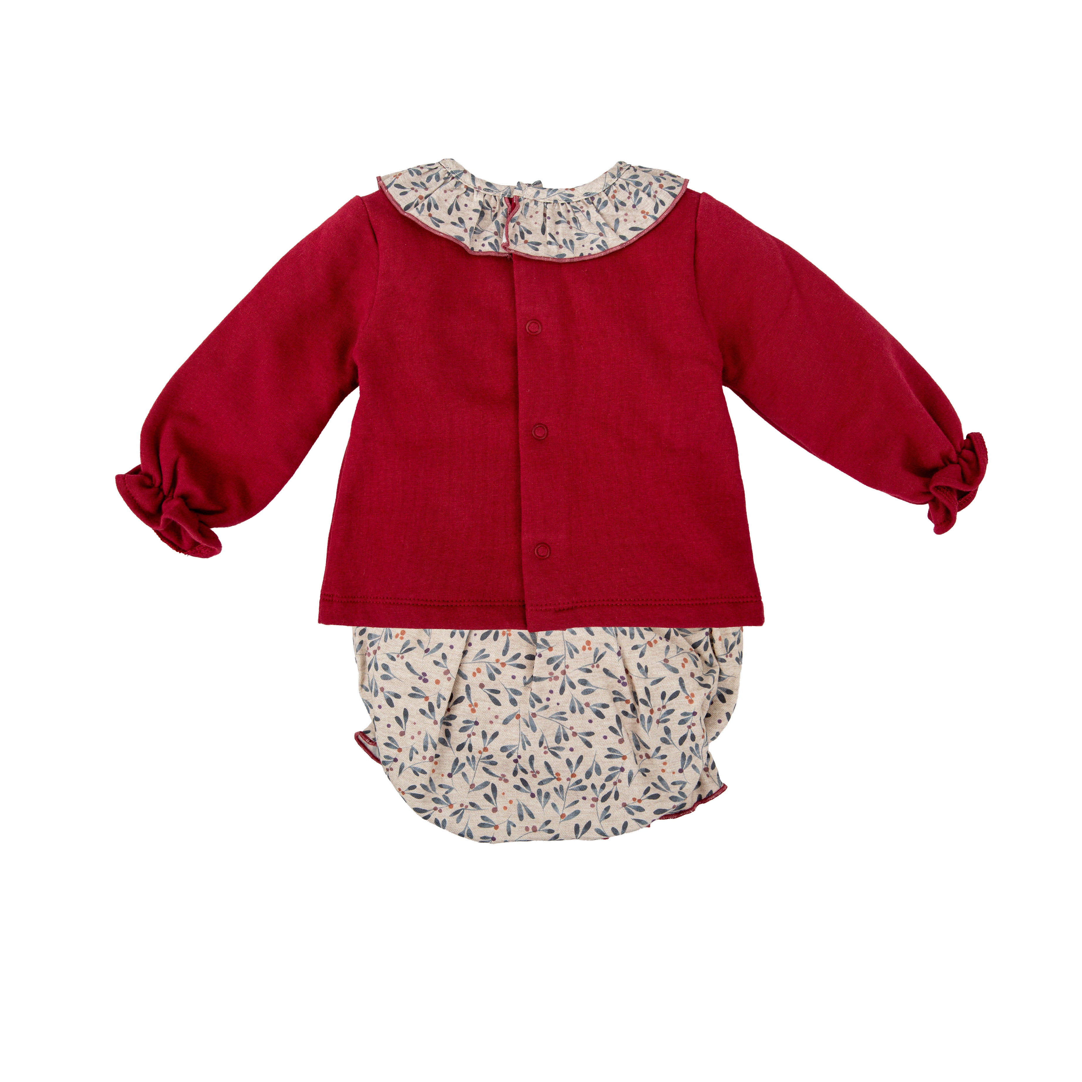 Red baby outfit with floral collar and bottom on a white background