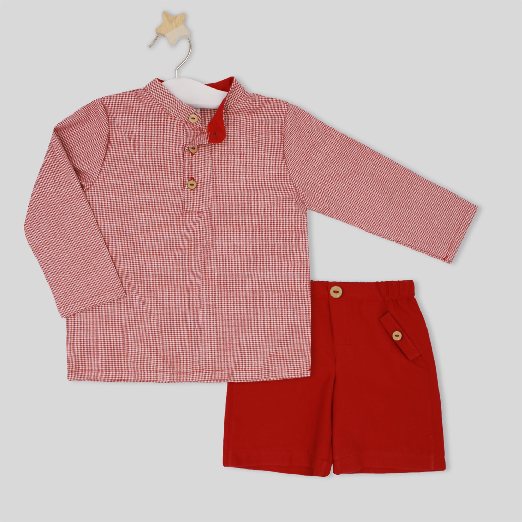 Red checkered shirt and shorts set on a white background