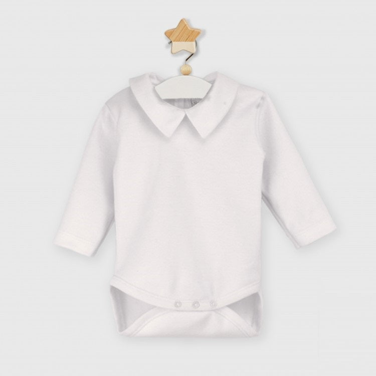 White baby bodysuit with collar on a white background