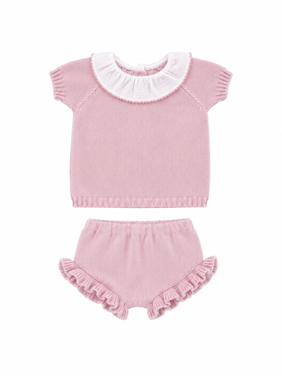 Pink baby outfit with ruffled collar and bloomers on a white background