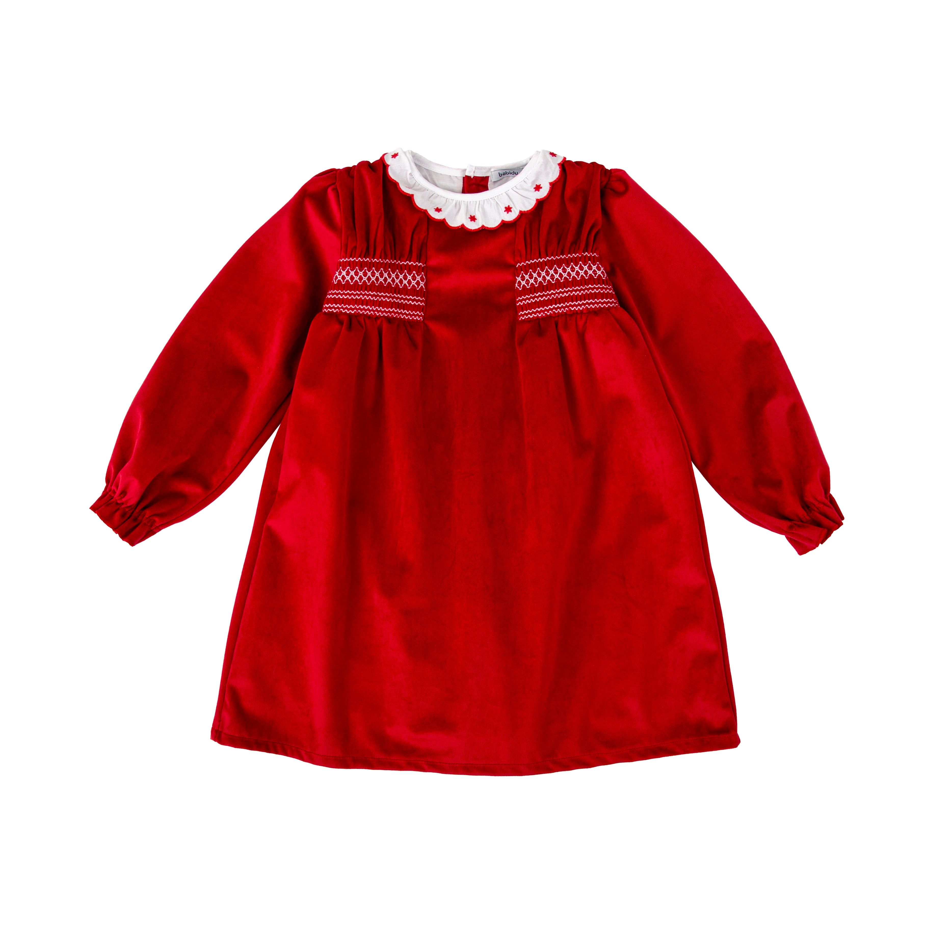 Red dress with white collar and embroidery on a white background